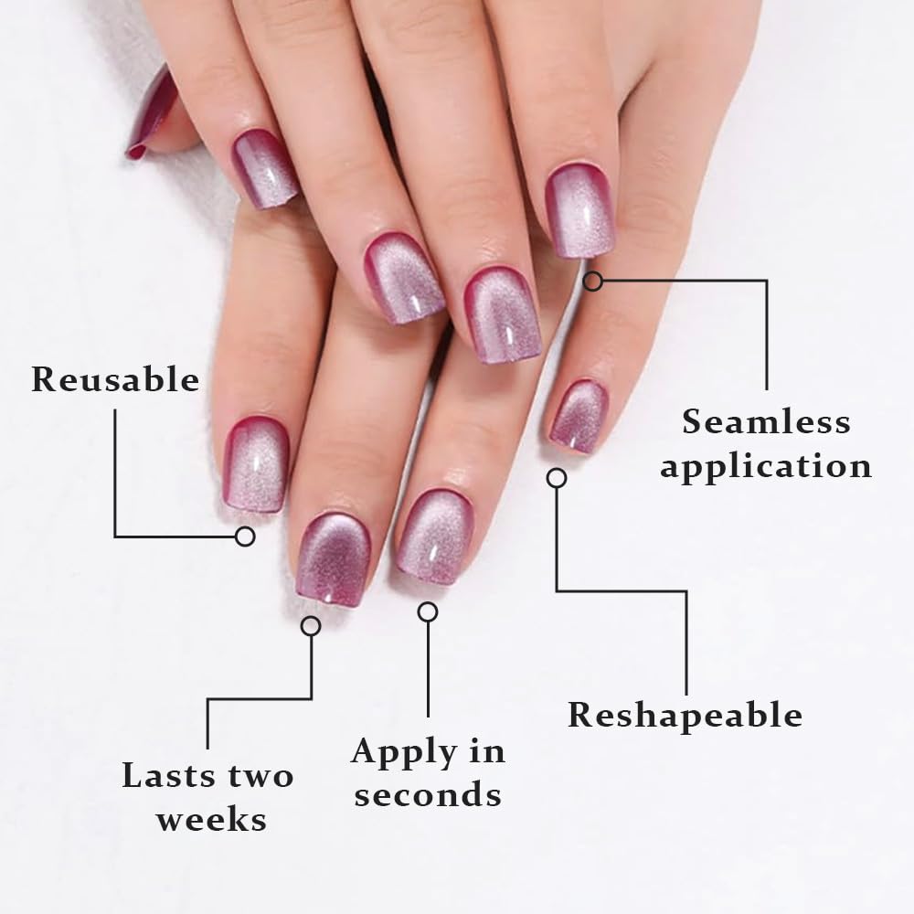 evpct Purple Cat Eye Short Press on Nails Square, Petite Short Square Glossy Nails with Designs for Women, Light Lavender Purple Stick on Glitter Reusable Gel Press on Acrylic Fake Nail Holographic