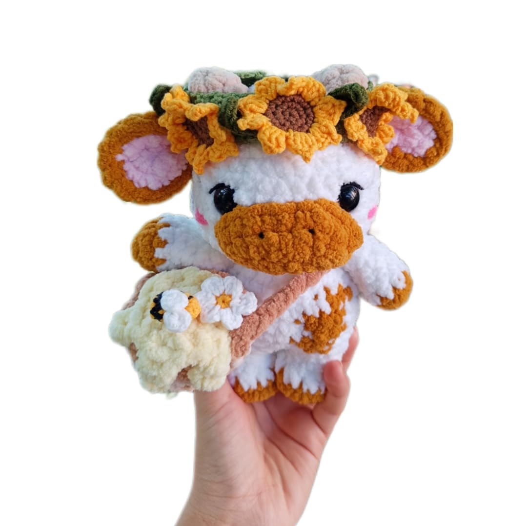Handmade Sunflower Cow Plush – Soft Crochet Cow Stuffed Animal, Kawaii Plushie, Cuddly Cow Toy, Nursery Decor & Unique Handmade Gift