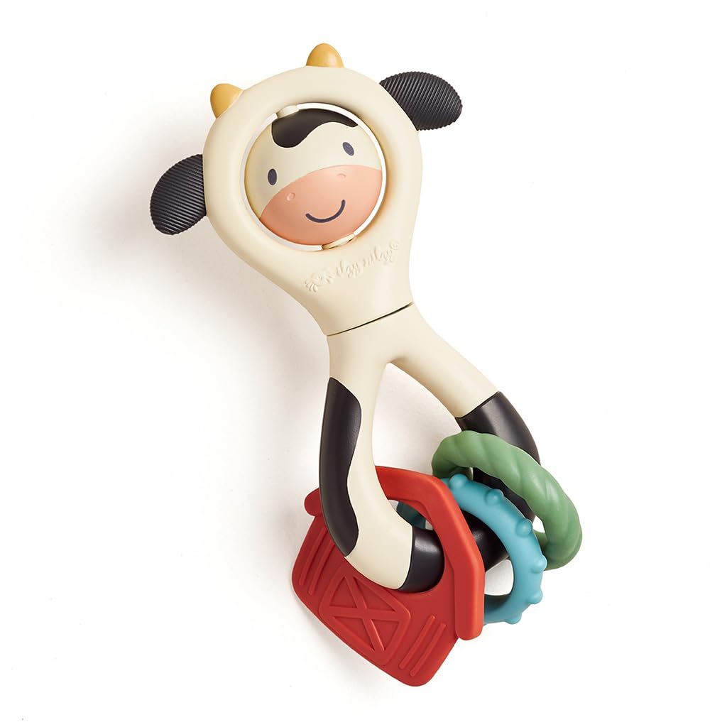 Itzy Ritzy Spinner Rattle Toy – Cow Design Sensory Teething Rattle Includes Spinning Face, Clicks, Rattles & Textured Teethers – Designed for Ages 3 Months and Up (Cow)