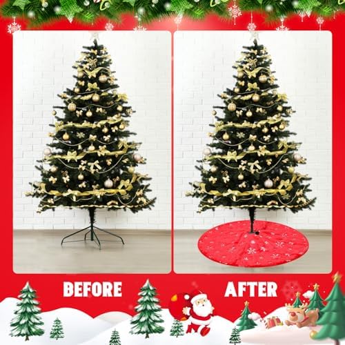 30" Red Plush Faux Fur Christmas Tree Skirt with Silver Sequin Snowflakes