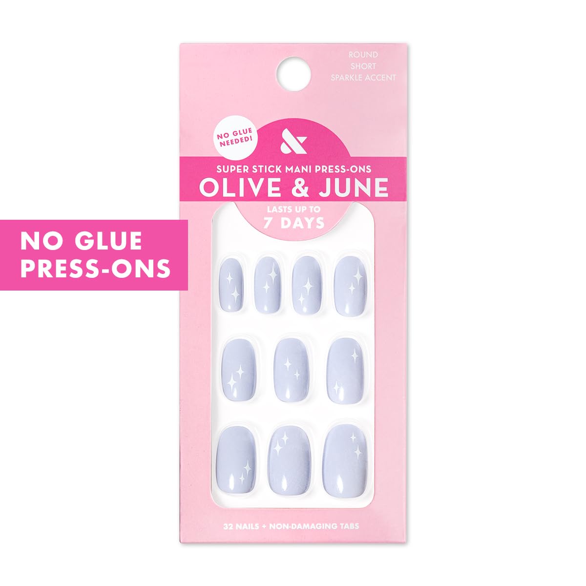 Olive & June Classic Super Stick Mani Press On Nails | No Glue Needed | 32 Tab Nails 16 Sizes | Non-Toxic Tabs Non-Damaging 7-Day Wear | Spring Flowers & Patterns | Short, Round | Sparkle Accent