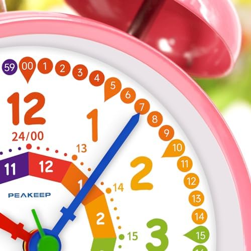 Peakeep Learning Clock for Kids Time Teaching, Loud Alarm to Wake Up | 4.5" Twin Bell Alarm Clock Battery Operated for Teenagers Kids, Kids' Room (Pink)