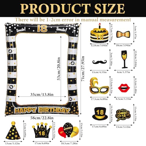 18th Birthday Photo Booth Props, Black Gold Inflatable Photo Booth Frame, 30PCS Photo Booth Props for Party Selfie Party Decorations and Gifts - size: 18th Birthday Inflatable Frame