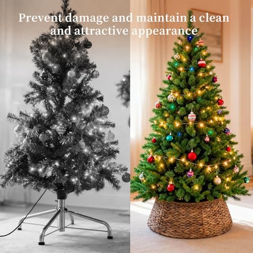 Sweetcrispy 24in Christmas Tree Collar for 4-7ft Trees, Woven Hyacinth Rattan 4-Panel with Cord Hole & Easy Lock, Handwoven & Durable Holiday Decor, Brown