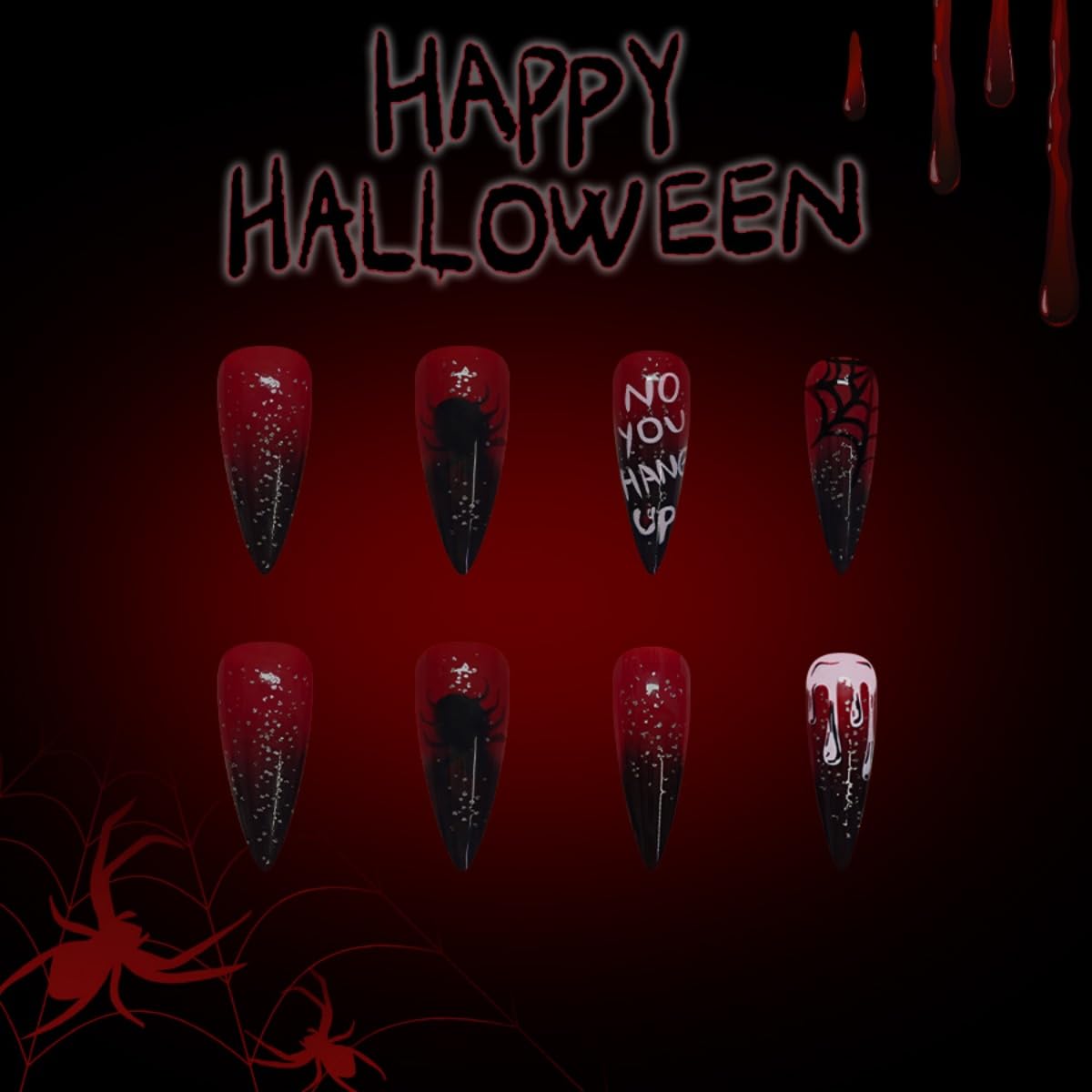 Halloween Press on Nails Medium Stiletto Fake Nails Spider and Spider Web Design Stick on Nails Vampire False Nails Red Glossy Handmade Acrylic Glue on Nail for Women Manicure 24Pcs