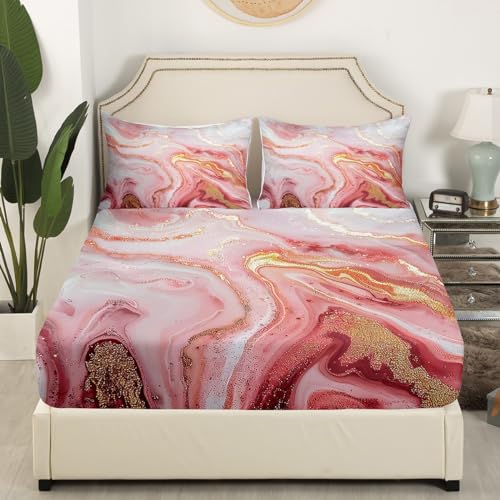 Girly Marble Bed Sheets - Pink Gold Marble Print Sheet Set for Kids and Teens, Soft Modern Texture, 4 Piece Glitter Bedding Set (1 Fitted, 1 Flat, 2 Pillowcases) - color: Multi 02, size: Queen