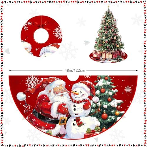 Christmas Tree Skirt 48 inch, Red Plush Snowman Snowflakes Christmas Tree Skirt, Farmhouse Xmas Tree Skirt Ornaments for Christmas Tree, Holiday Decor Party Christmas Decorations (48 inch)