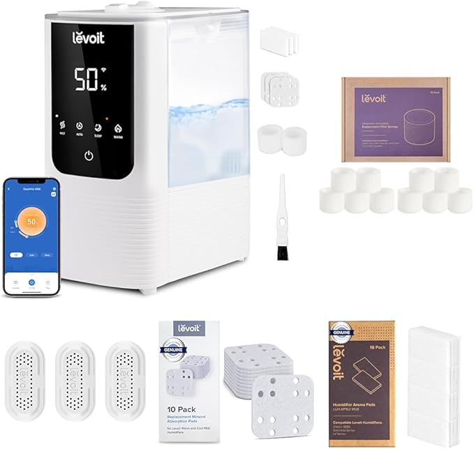 LEVOIT OasisMist450s Warm and Cool Mist Humidifer & 10x Top Fill Humidifier Replacement Filters & 16x Amora Pads & 10x Mineral Absorption Pads & 3x Water Softers