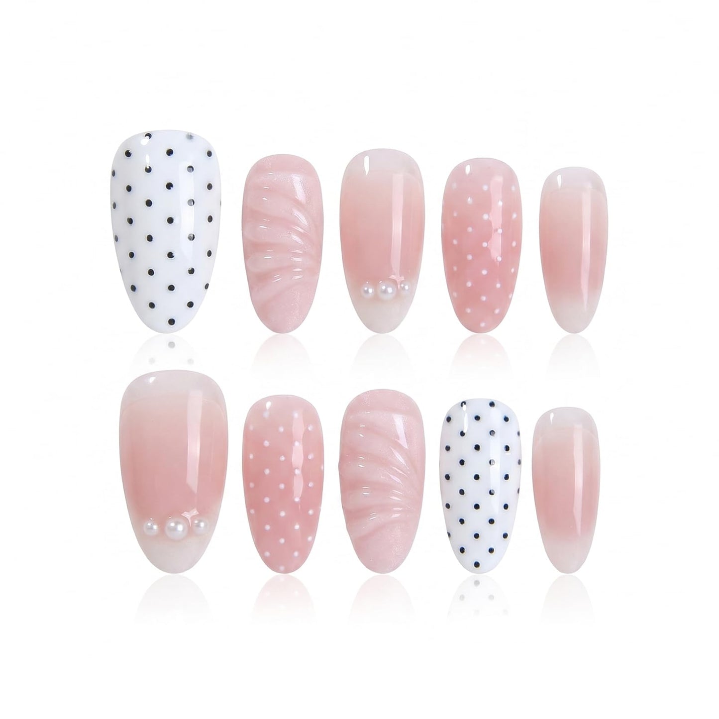 IMRAIN Almond Press on Nails, Medium Fake Nails, Nude Pink 3D Pearl Shell Polka Dot, 30 Pcs Reusable Glue on Nails for Women, Salon Quality