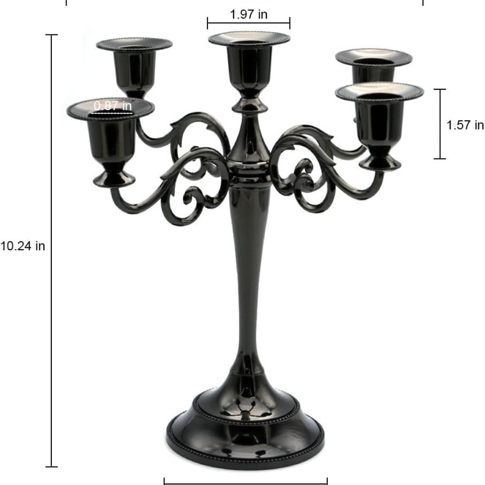 JEVIMORY Black Candelabra Candle Holders for Pillar Candles 10.6 inch Tall, 5 Candle Candlestick Holder for 1/2-1 inch Taper Candles Halloween Candelabra Decoration Easy Assembly (Black)