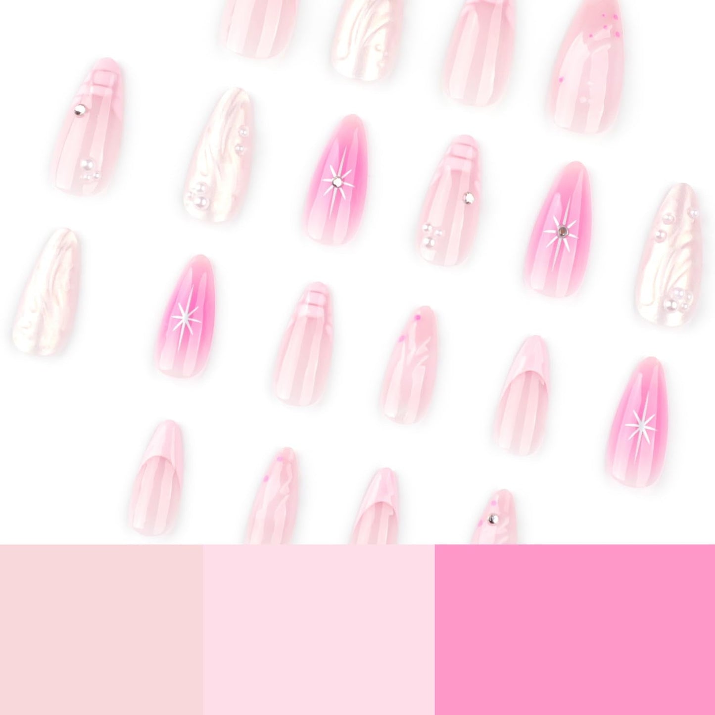 Pink Press on Nails Medium Almond Fake Nails 3D French Tip Water Ripple Artificial Glue on Nails with Rhinestone Pearl Charms Design Shiny Star False Nails Full Cover Stick on Nails for Women 24Pcs
