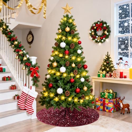 Christmas Tree Skirt Burgundy Velvet Tree Skirt Small Sequined Tree Skirts 21 Inch Mini Sequin Glitter Tree Cover Mats Metallic Tree Ornaments for Silm Tree Maroon Skirt Tree Burgundy Christmas Decor