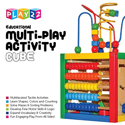 Play22 Wooden Activity Cube for Baby - 6 in-1 Baby Activity Play Cube with Bead Maze, Shape Sorter, Abacus Counting Beads, Counting Numbers, Sliding Shapes, Removable Bead Maze, 8Pcs Stacking Cups