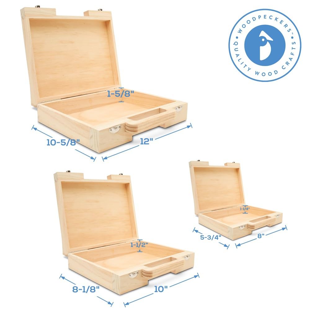 Woodpeckers Wood Suitcase 8-1/8 x 10 inch, Pack of 1 Unfinished Wooden Boxes for Crafts, Travel Friendly Memory Boxes for Keepsakes