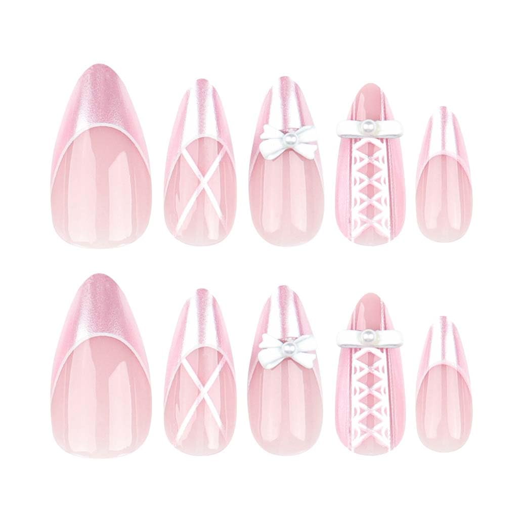 Foccna Press on Nails Medium Long Pearl Pink Fake Nails Almond Glossy 3D False Nail Tips Artificial Nails French Finger Manicure for Women and Girls-24pcs