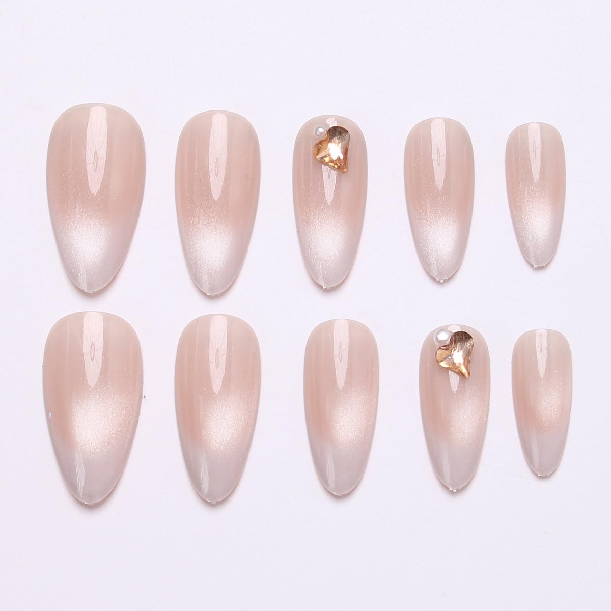 Nude Cat Eye Press on Nails - Medium Almond Fake Nails Glitter Glue on Nails with 3D Rhinestones Heart&Pearl Designs False Nails Reusable Full Cover Stick on Nails for Women Manicure 24Pcs