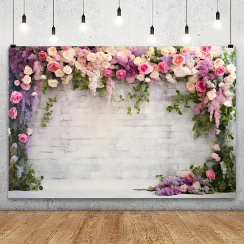 YongFoto Retro White Brick Wall Floral Arch Backdrop 12x10ft Rose Flowers Vine Leaves Photography Background Birthday Bridal Shower Wedding Party Banner Room Decor Portraits Photoshoot Wallpaper - size: 12ftx10ft