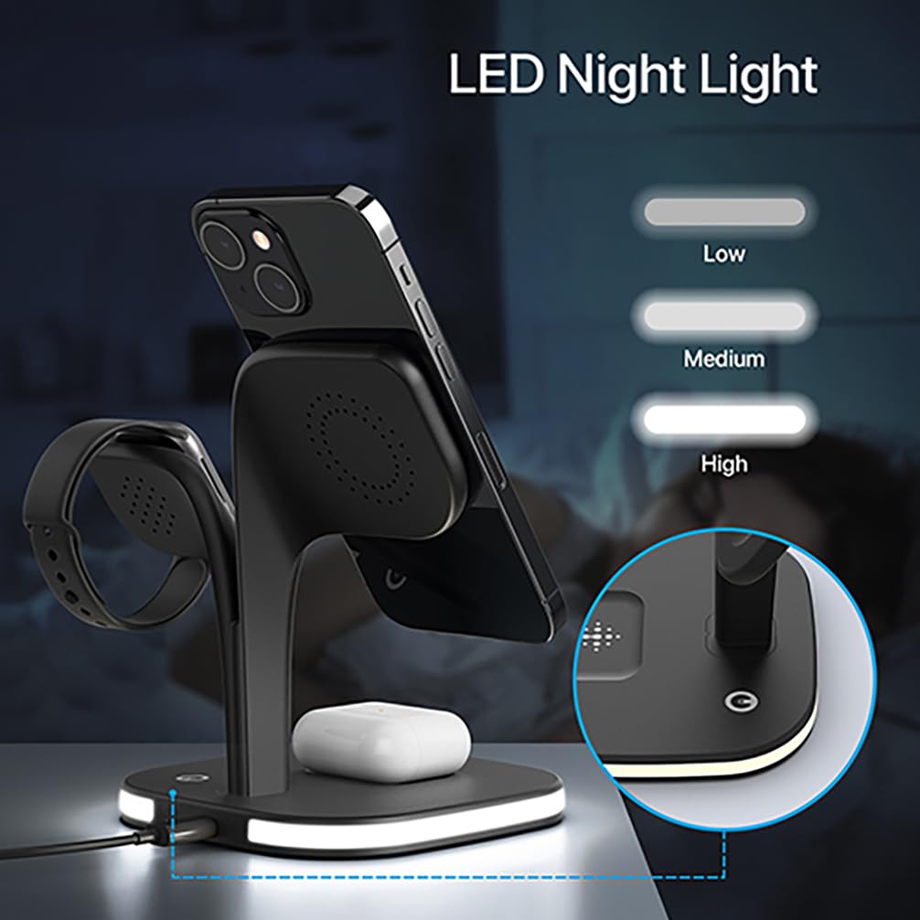EXW Wireless Charging Station for Magsafe Charger,Charging Station for Multiple Devices,Wireless Charger for iPhone 17 Air 16 15 14 13 12,Apple Watch,AirPods with LED(Black)