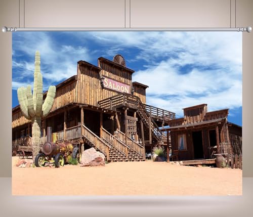 17x10ft Fabric Western Town Backdrop Western Town Saloon Photography Background Countryside Wood House Background Rural Western Bar Desert Photo Backdrop Birthday Party Photo Prop - size: 17x10ft