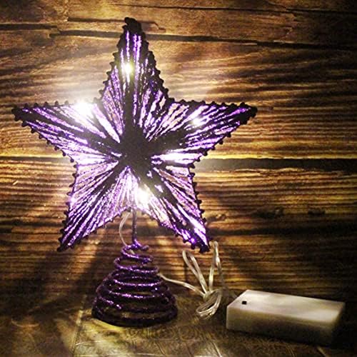 CVHOMEDECO. Purple Glittered 3D Tree Top Star with Warm White LED Lights and Timer for Christmas Tree Decoration and Holiday Seasonal D??cor, 8 x 10 Inch