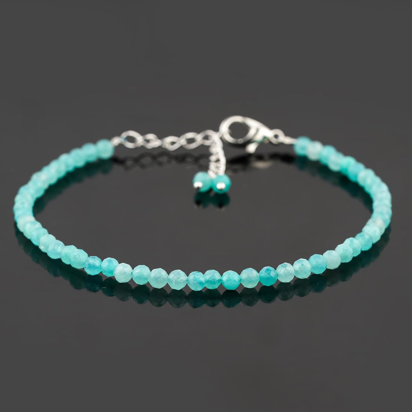 Gemkora Amazonite Beads Bracelet, Natural 3mm Perfect Micro Cut Beads, Chakra Healing Gemstone, Gift for her, Women, Mom, Wife, Daughter, Girlfriend, Grands, Silver 8 inch