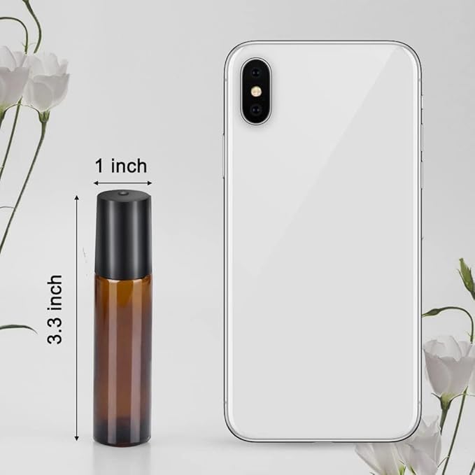 sungwoo 4 Pack Essential Oil Roller Bottles Stainless Steel, 10ml Amber Glass Roller Bottles with Caps for Travel, Perfume and Lip Gloss