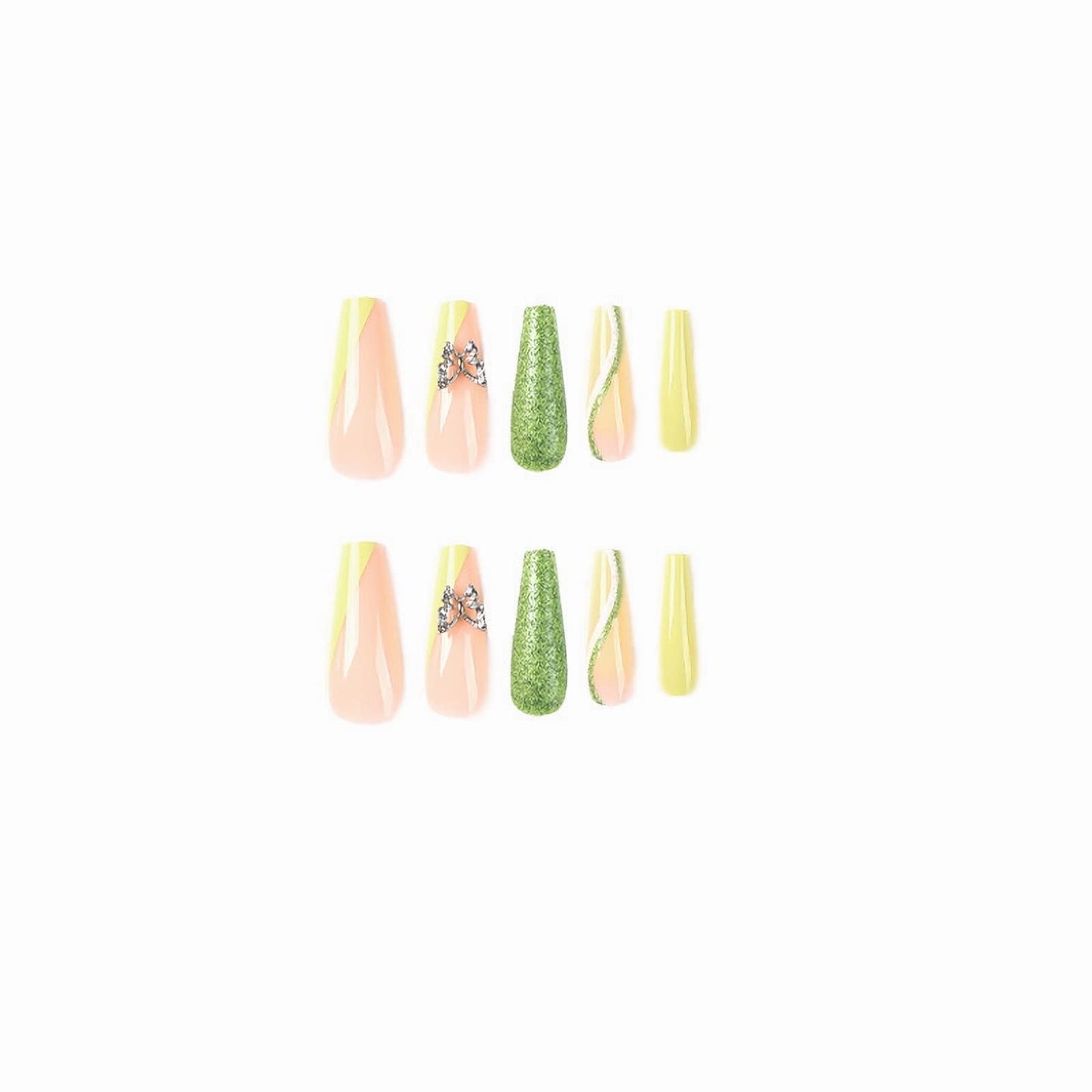 MISUD Press on Nails - Long Coffin Glue on Nails with Green, Acrylic Butterfly Rhinestone Design 24 pcs