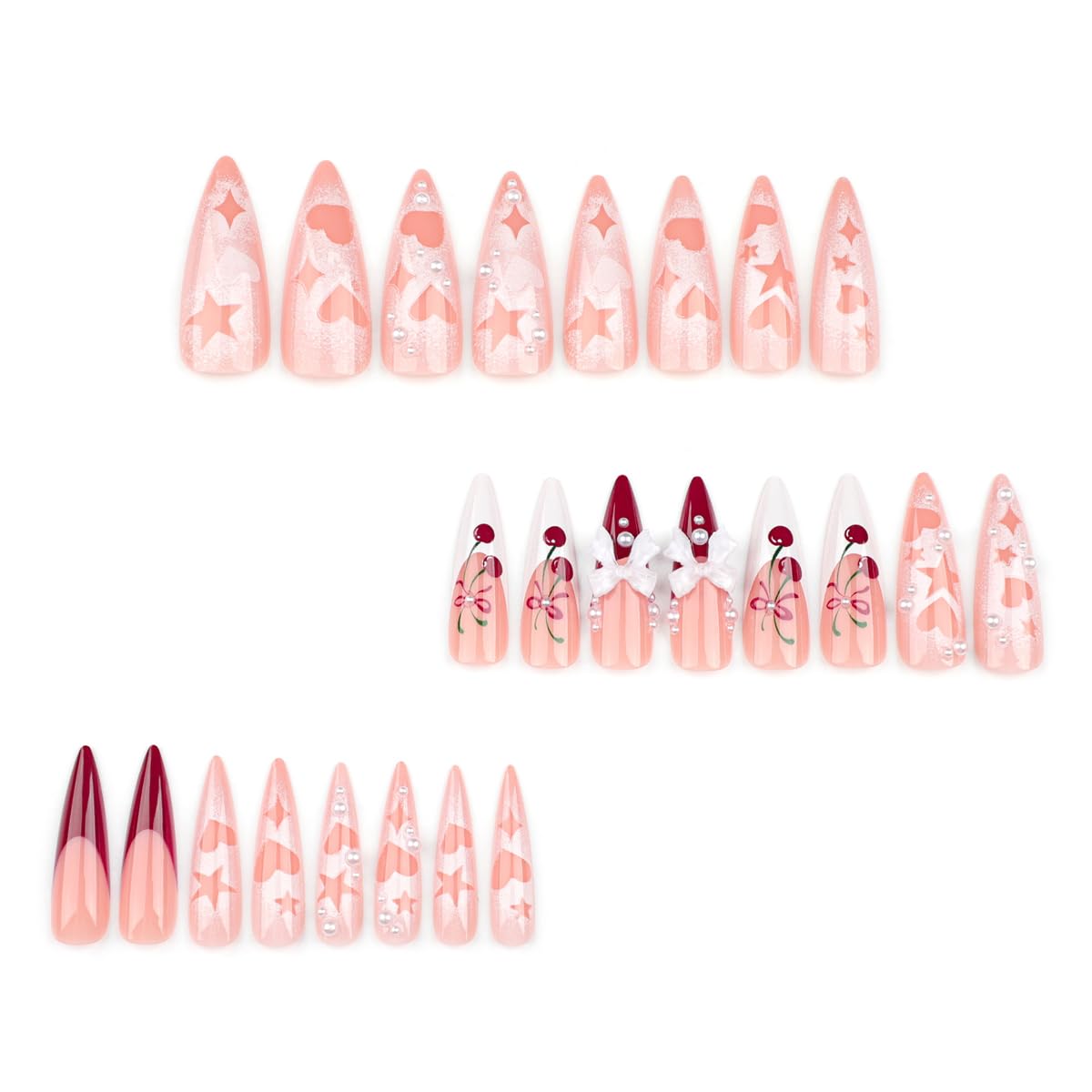 Cherry Press on Nails Long Stiletto Fake Nails French Tip False Nails Star Heart 3D Bow Design Extra Long Full Cover Glossy Acrylic Nails for Women Manicure 24PCS