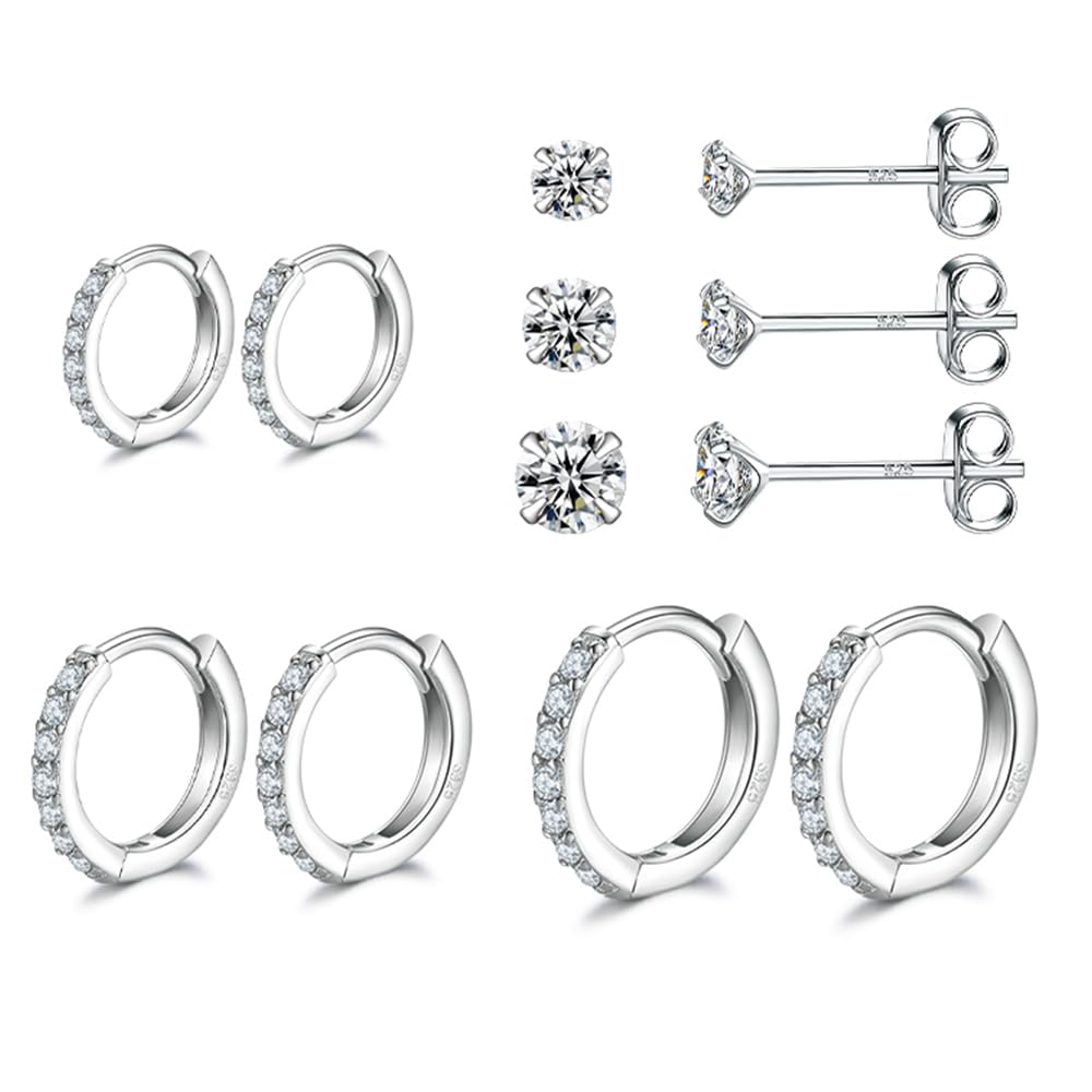 Sterling Silver Hoop Earrings Sterling Silver Stud Earrings for Women 6 Pairs Hypoallergenic Tiny Cubic Zirconia Stud Set Cartilage Hoops 6mm 8mm 10mm
