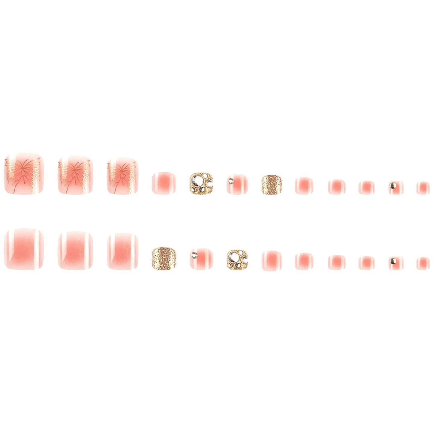Spring Press on Toenails Nude Gradient Fake Toe nails with Gold Butterfly Glitter Designs Glossy Short Square Toe nails Press ons Acrylic Stick on Toenails for Women 24Pcs