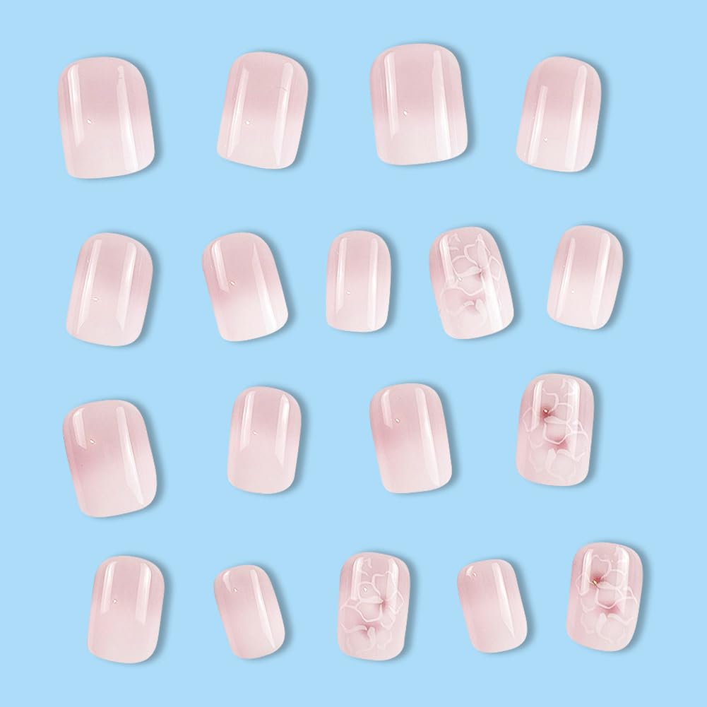 Acrylic Press on Nails Short Square Fake Nails White Ombre Glue on Nails Short False Nails with Flower Gloss Designs Nails Press on Artificial Nails Stick on Nails for Women 24Pcs