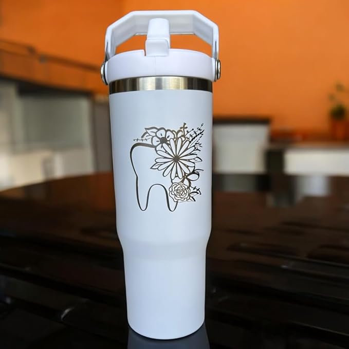 Dental hyginiest tumbler 40oz tumbler Tooth tumbler Dental water bottle Gift for dentist Gift for dental hyginiest Office gift (30oz White- Floral dental)