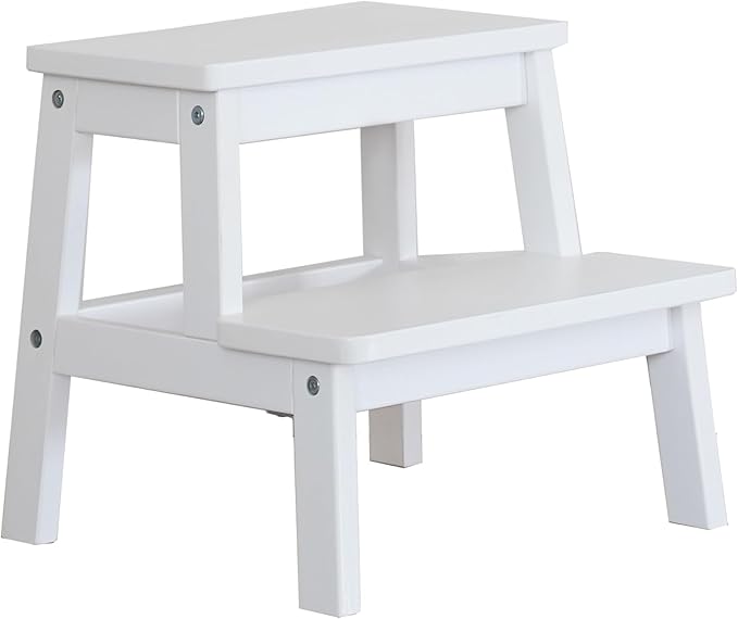 Adult & Child Wooden Two Step Stool ，Stepping Stool，Kids Step Stool Kitchen Step Stools for Bathroom– Perfect for Kitchen, Bathroom, Bedrooms & More (White)