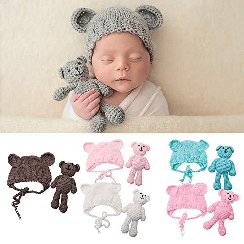 Newborn Baby Crochet Knit Costume Photography Prop Baby Bear Hat and Doll Set - color: White
