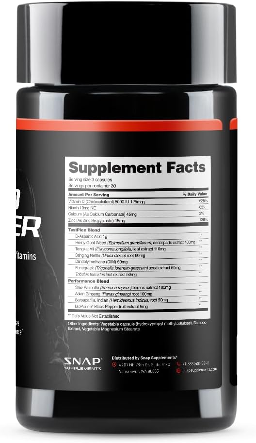 Snap Testosterone Booster for Men - Promotes Muscle Growth, Booster for Men, Enhancing Natural Energy, Stamina and Strength, 90 Capsules