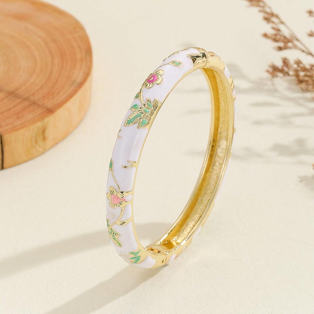 Cloisonne Bracelet For Women, Chunky Bangle Trendy Cute Flower Enamel Bangles Multi Tone Engraved Cuff Gold Plated Bracelets Stackable Wife Jewelry Friendship Gift (Light Blue, One Size)