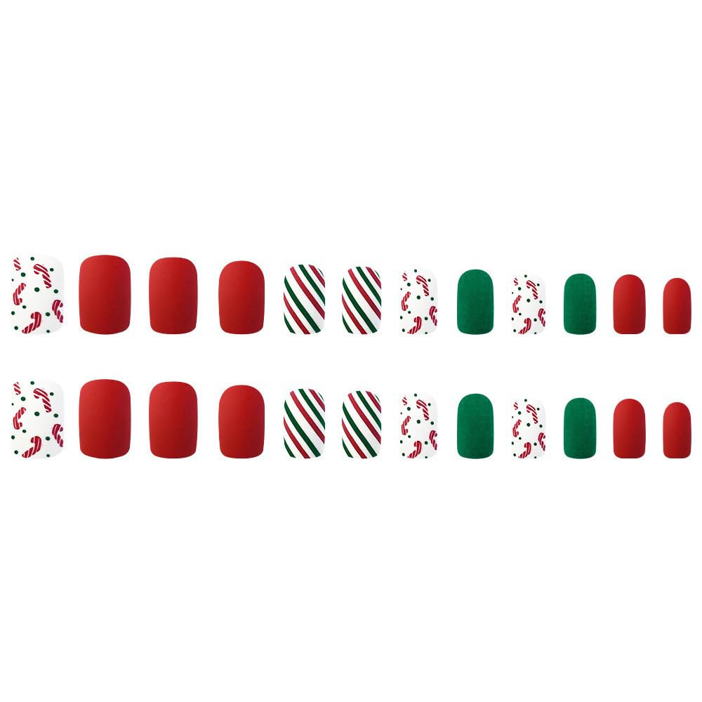 Christmas Press On Square Shape Fake Nails with Red Green Line Christmas Ribbon Candy Pattern Design Full Cover Acrylic Glue On Nails for Women