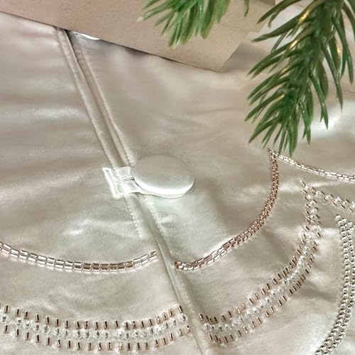 72-Inch Beaded Scalloped Christmas Tree Skirt in Foam-Lined Satin, Button-Loop Closures, Pearl White