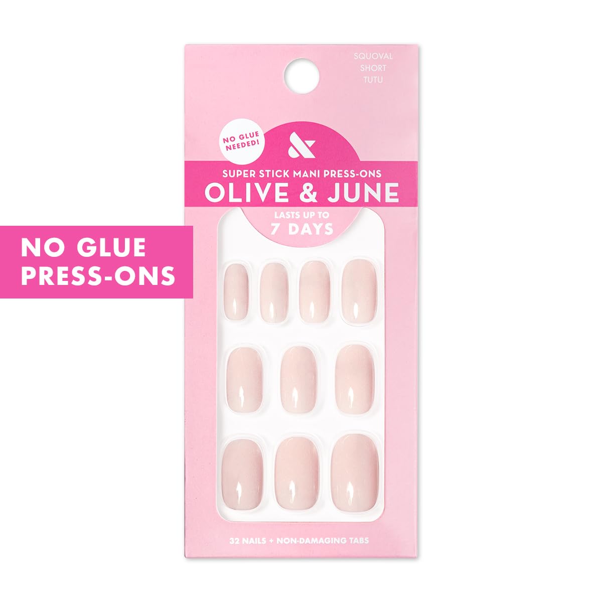 Olive & June Classic Super Stick Mani Press On Nails | No Glue Needed | 32 Tab Nails 16 Sizes | Non-Toxic Tabs Non-Damaging 7-Day Wear | Spring Flowers & Patterns | Short, Squoval | Tutu Pastel Pink