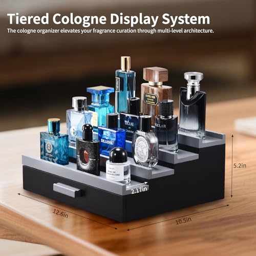 Perfume Organizer for Men, 4 Tier Wood Perfume Display Stand with Velvet Lining Drawer and Hidden Compartment for Watch,Jewelry,Perfume Display Risers,A Gift for Men (Black+Gray) - style: 4 Tier - BlackGrey