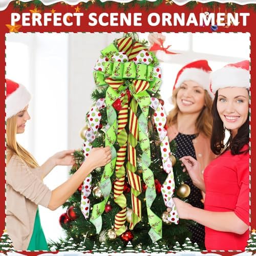 Suncalla 2 Pcs 44 x 13 Inch Large Christmas Tree Toppers Green Christmas Tree Ornaments Candy Cane Ribbon Bows Lime Green Glitter Polka Dot Wreath for Xmas Holiday Indoor Outdoor Front Door Staircase