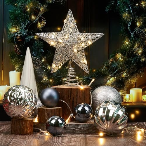 Emopeak 20 LED Christmas Tree Topper, 8 x 10 Inch Indoor Iron Art Star Treetop Light, Two Modes (Keep Light ON/Flash) (Silver, 8"/20CM)