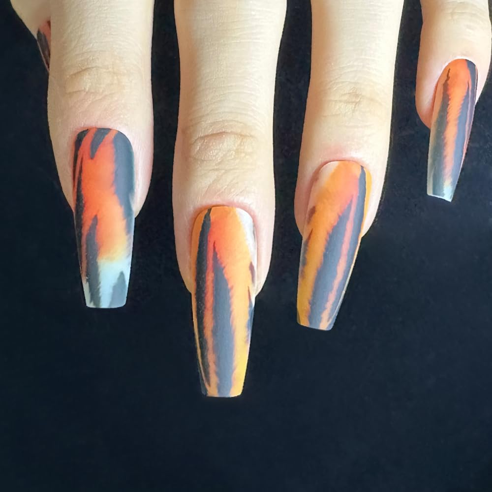 Redykat 24PCS Extra Long Coffin Matte Press On Nails, Salon Quality Nail Art, Tiger Acrylic False Nails, Stripe Fake Nails, Home Quick Manicure (Roar)