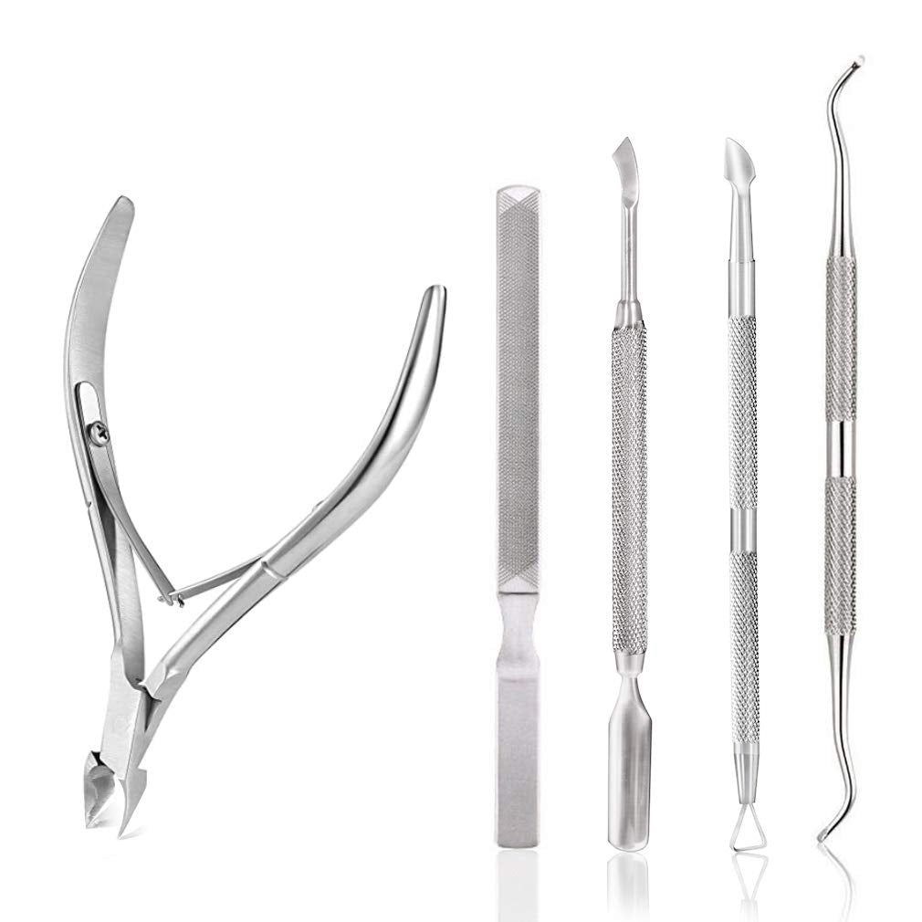 5PCS Cuticle Nipper and Pusher Set Stainless Steel Cuticle Trimmer Durable Cutter Dead Skin Clipper Manicure Pedicure Tools-Silver