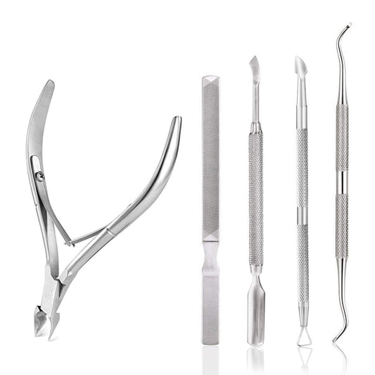 5PCS Cuticle Nipper and Pusher Set Stainless Steel Cuticle Trimmer Durable Cutter Dead Skin Clipper Manicure Pedicure Tools-Silver