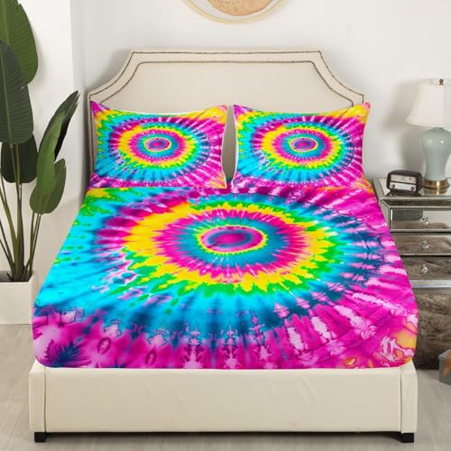Rainbow Tie Dye 4-Piece Sheet Set, Full Size, Deep Pocket Fitted Sheet, 2 Pillow Cases - color: Multi 05, size: Full