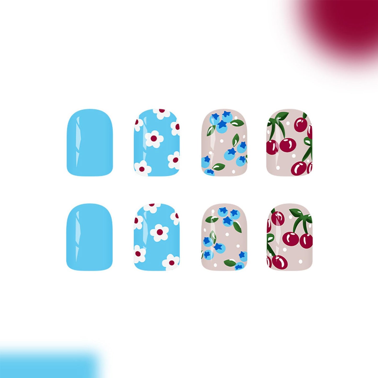 Spring Summer Press on Nails Short Square Fake Nails with Cherry Blueberry Designs Glossy Blue Press on False Nails Cute Flower Glue on Nail Fruit Floral Stick on Nail for Women 24Pcs