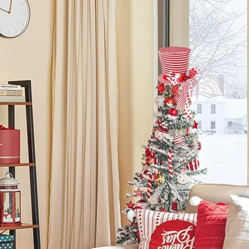 Christmas Tree Topper Hat,10 in Stripes Plaid Xmas Tree Top Hat with Ornaments and Bows,Collapsible Red White Stripe Tree Topper,Christmas Tree Decoration,Xmas Tabletop Ornaments (red)