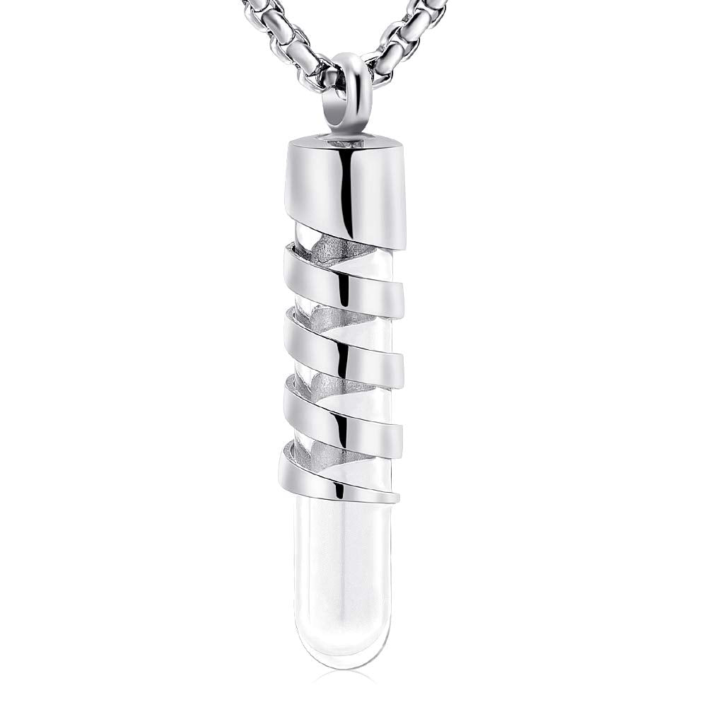 Oinsi Clear Glass Tube Cremation Urn Jewelry Ashes Holder Necklace Keepsake Memorial Pendant Including Box/Fill Kits (Silver Tone)