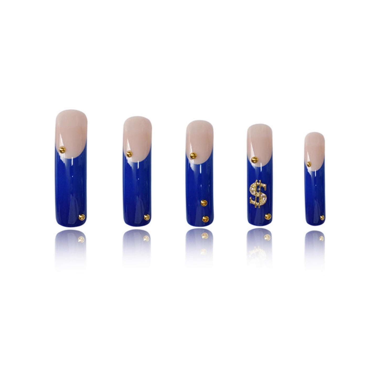 SEENEEY Curved Press on Nails Long Fake Nails Blue Artificial Nail Gold Charm Stick on Nail for Women 20pcs